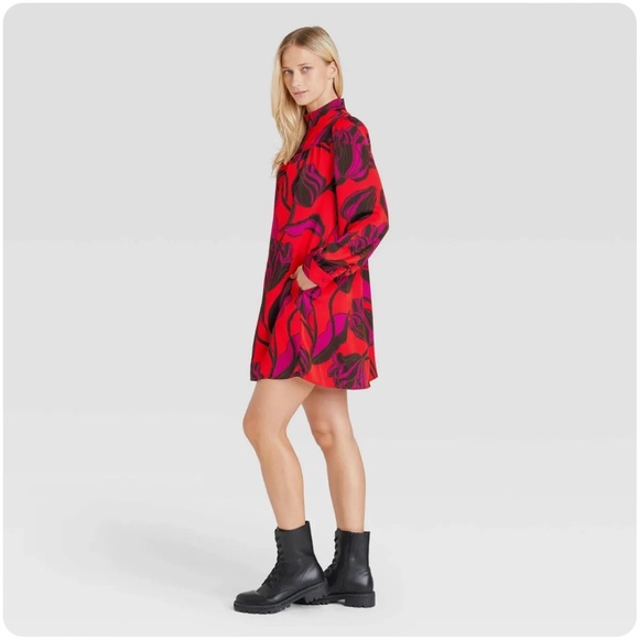 XXL - Womens Long Sleeve A-Line Dress - Who What Wear - Red Floral - Picture 4 of 5